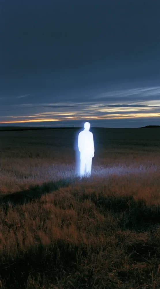 Glowing human figure standing in a field at twilight