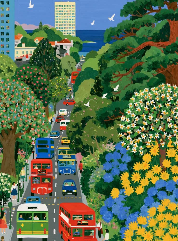 Painted coastal city street with double-decker buses