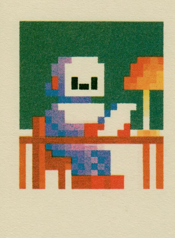 Risograph pixel-art character at a desk