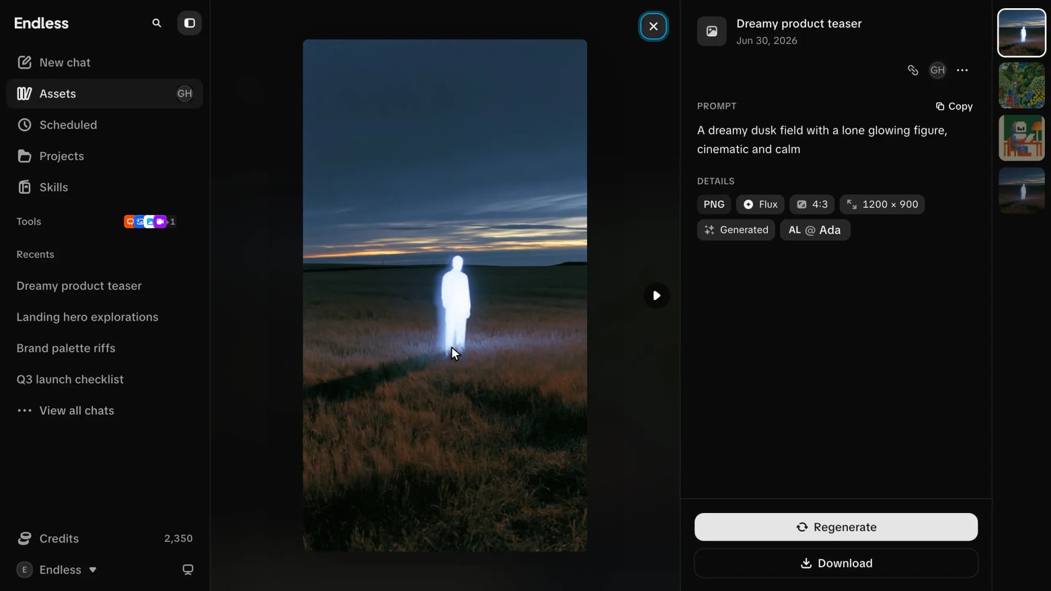 One asset open, showing the prompt that made it, the model, the format and its dimensions.