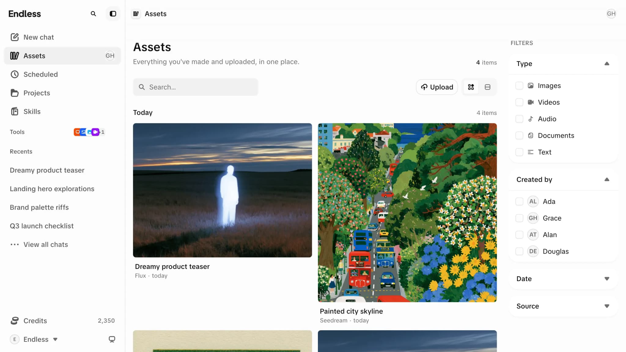 The workspace asset library: generated and uploaded media in a grid, with filters for type, creator, date and source.