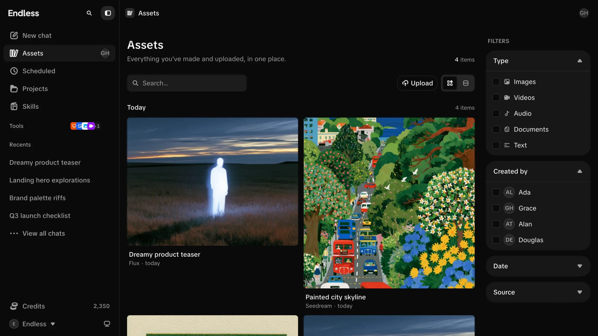 The workspace asset library: generated and uploaded media in a grid, with filters for type, creator, date and source.