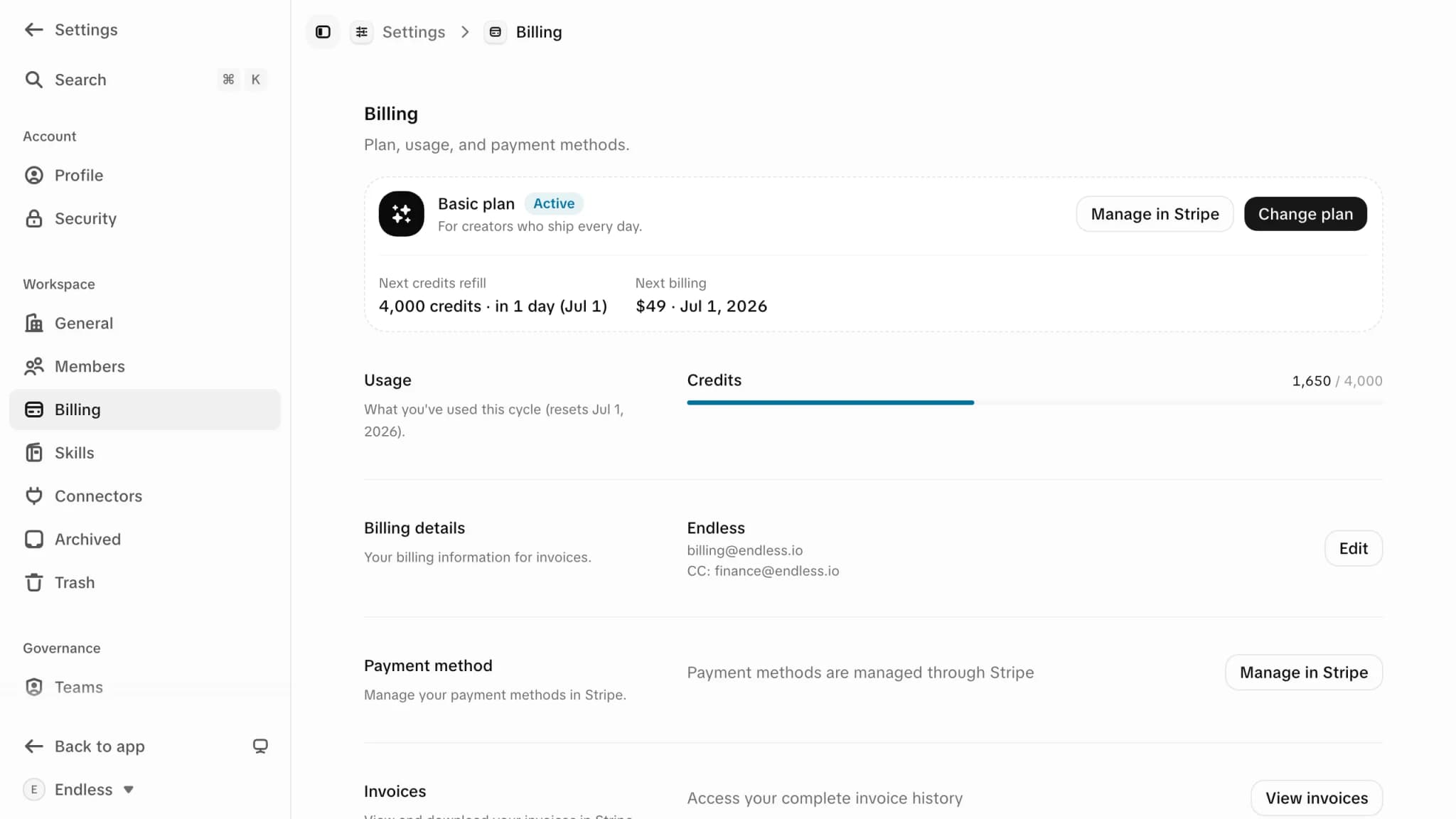 The billing page: the active plan, the next credit refill, and how much of the shared pool the workspace has used.