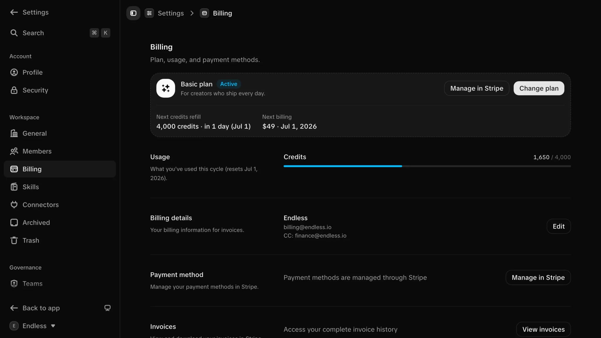 The billing page: the active plan, the next credit refill, and how much of the shared pool the workspace has used.