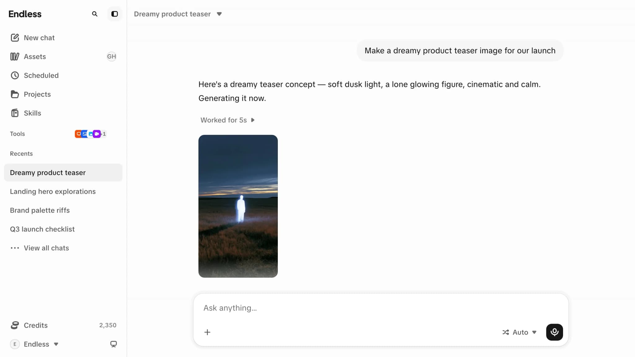 An Endless chat: a prompt asking for a launch teaser image, the assistant's answer, and the generated image below it.