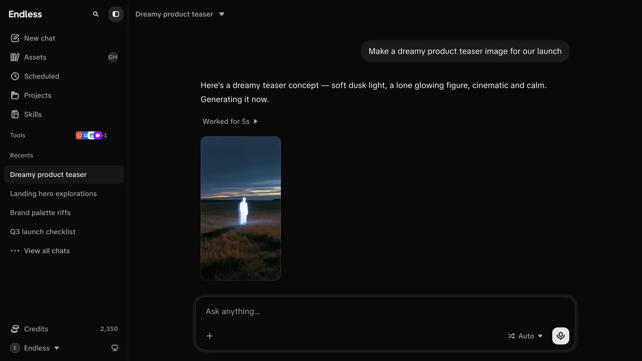 An Endless chat: a prompt asking for a launch teaser image, the assistant's answer, and the generated image below it.