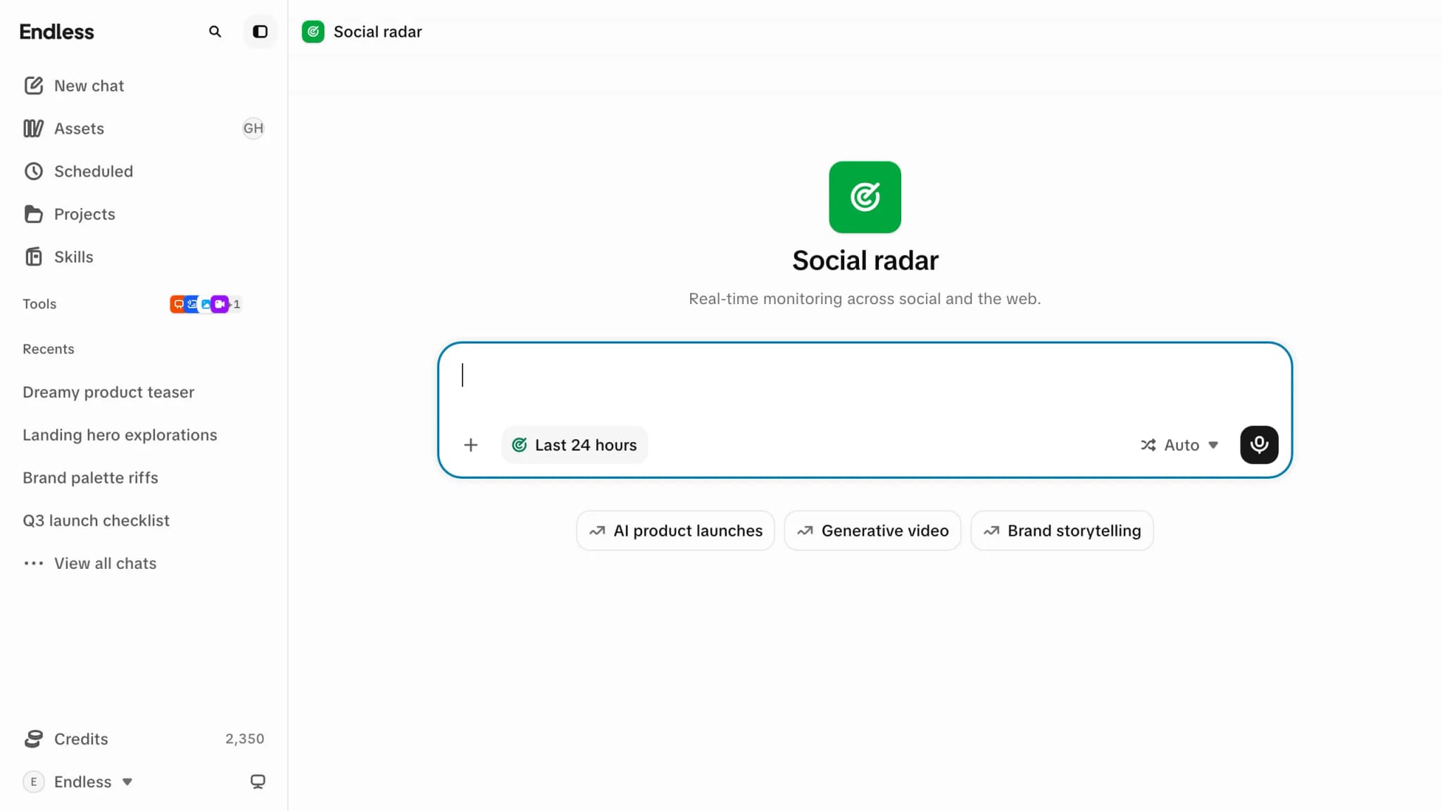 The Social radar view, with live trending topics listed under the prompt box.