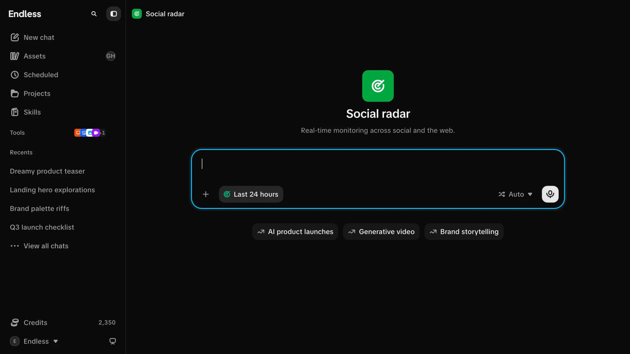 The Social radar view, with live trending topics listed under the prompt box.