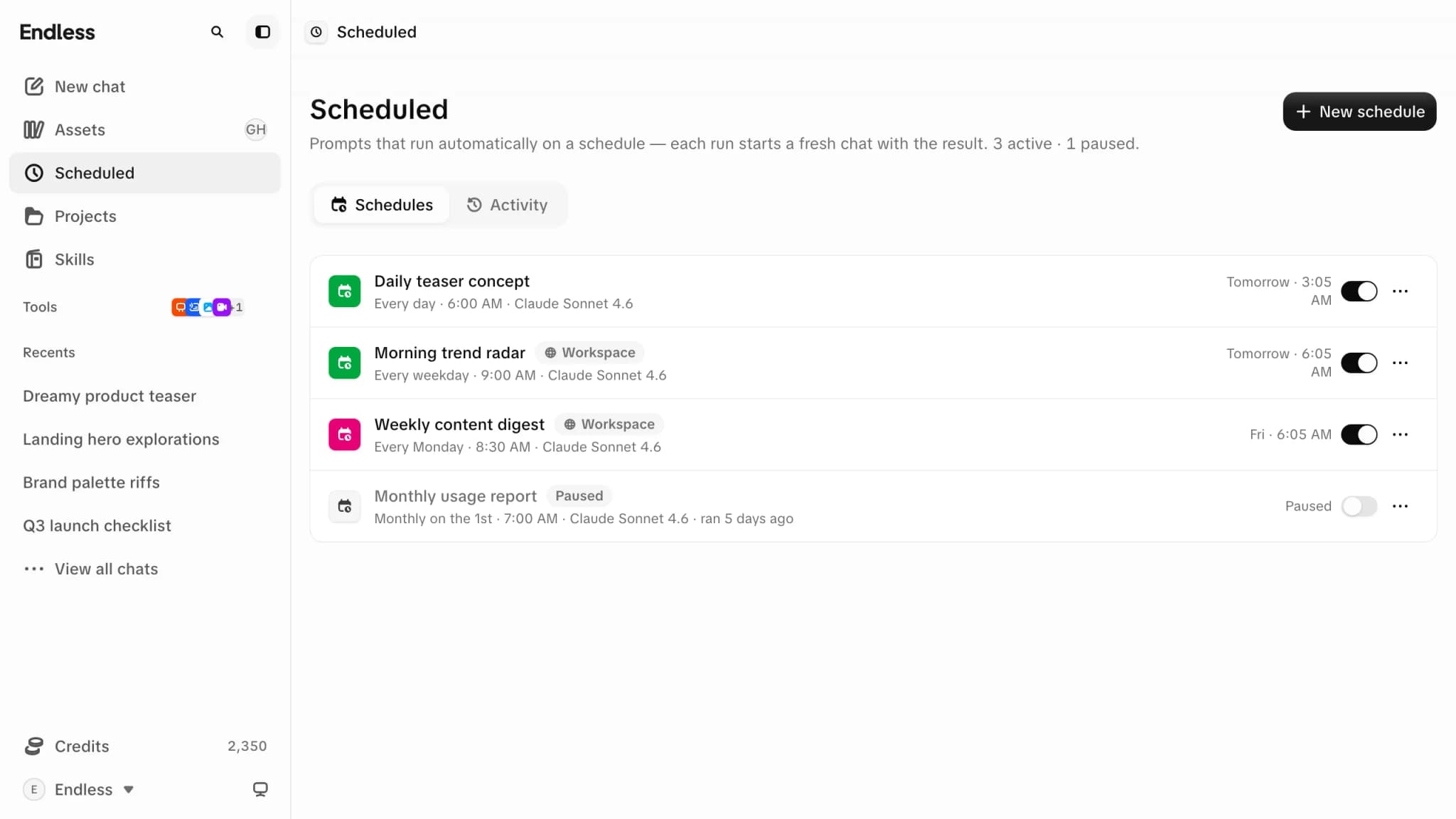 The scheduled prompts list: a daily teaser concept, a morning trend radar and a weekly content digest, each with its cadence.