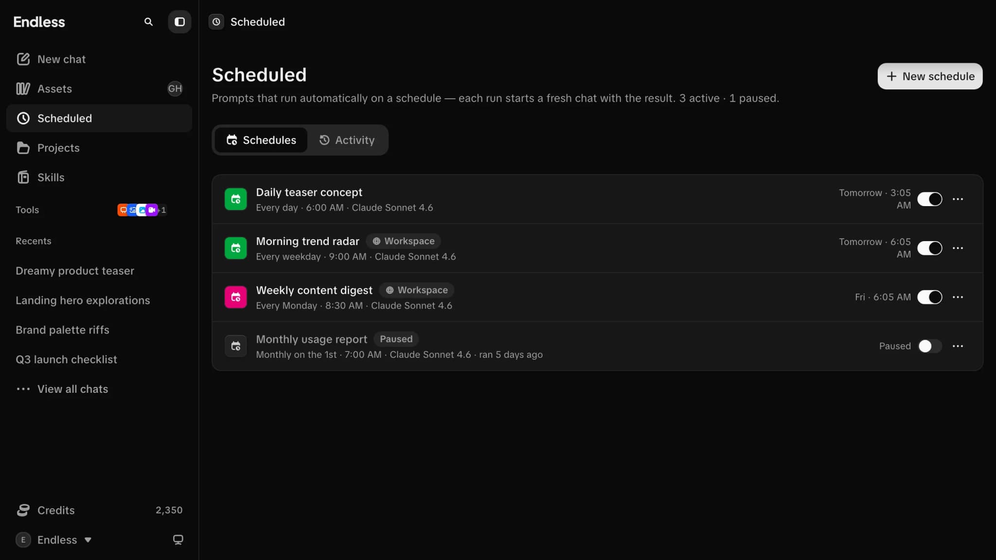 The scheduled prompts list: a daily teaser concept, a morning trend radar and a weekly content digest, each with its cadence.