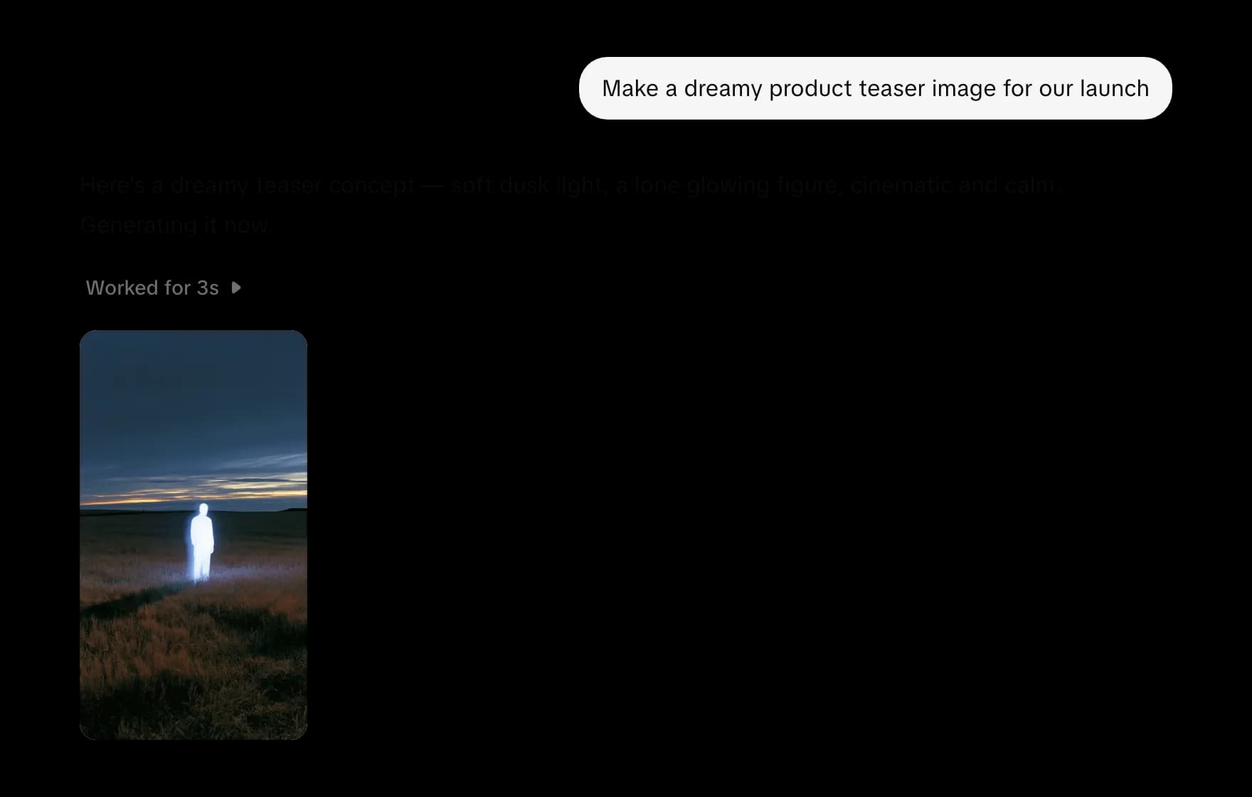 A chat exchange: the prompt, the assistant's reply, and the image it generated.