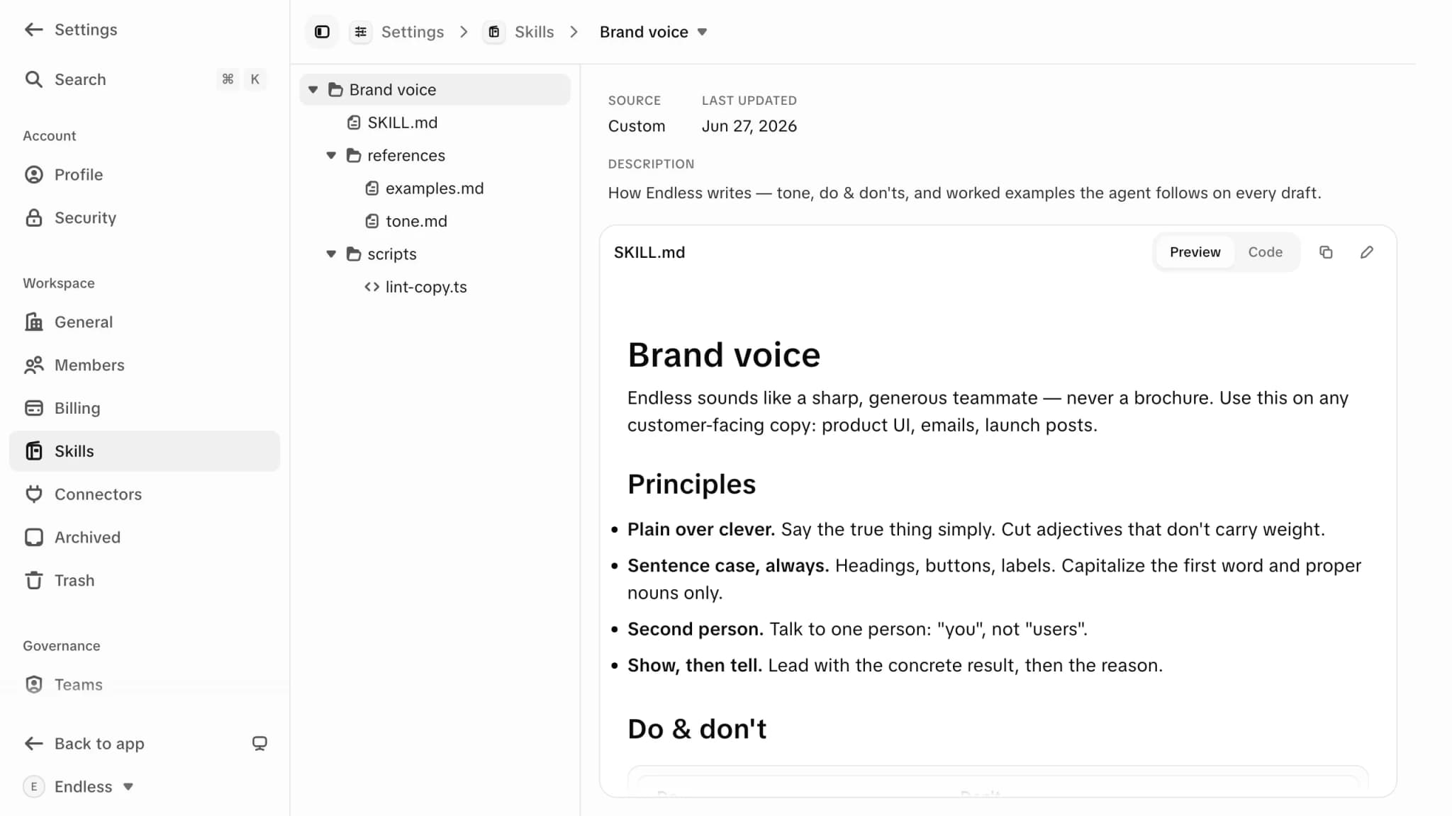 A project's brand-voice knowledge: a file tree beside the rules the agent follows on every draft.