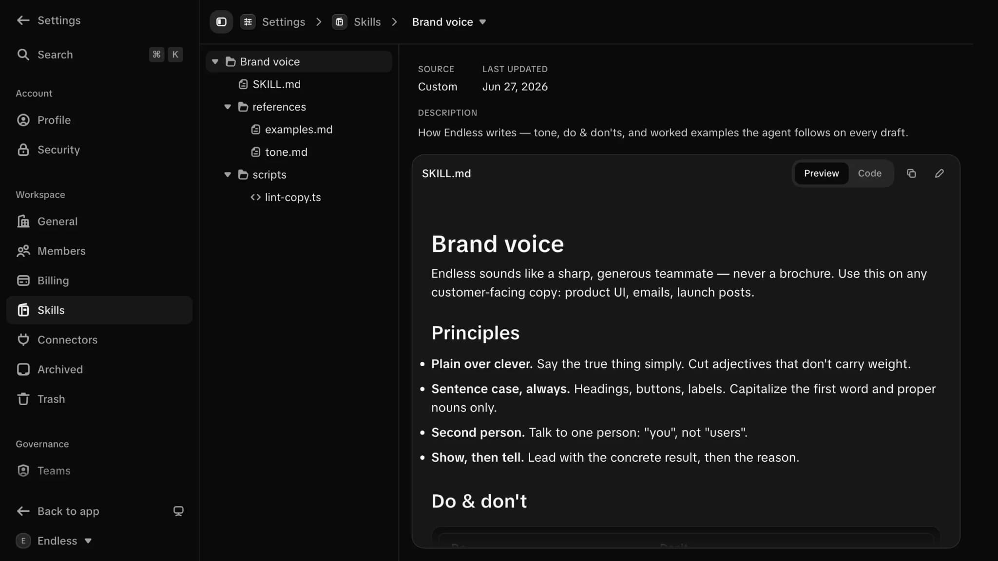 A project's brand-voice knowledge: a file tree beside the rules the agent follows on every draft.