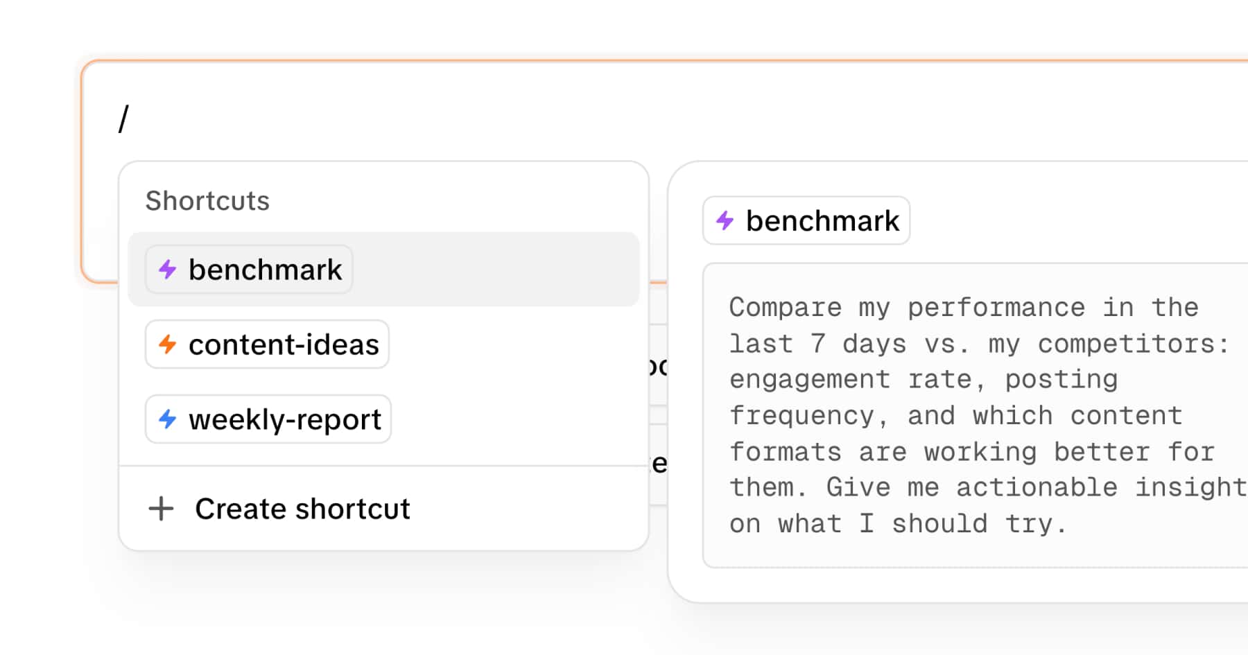 Command menu open in MOD showing saved shortcuts like benchmark, content-ideas and weekly-report, with the prompt expanded beside it.