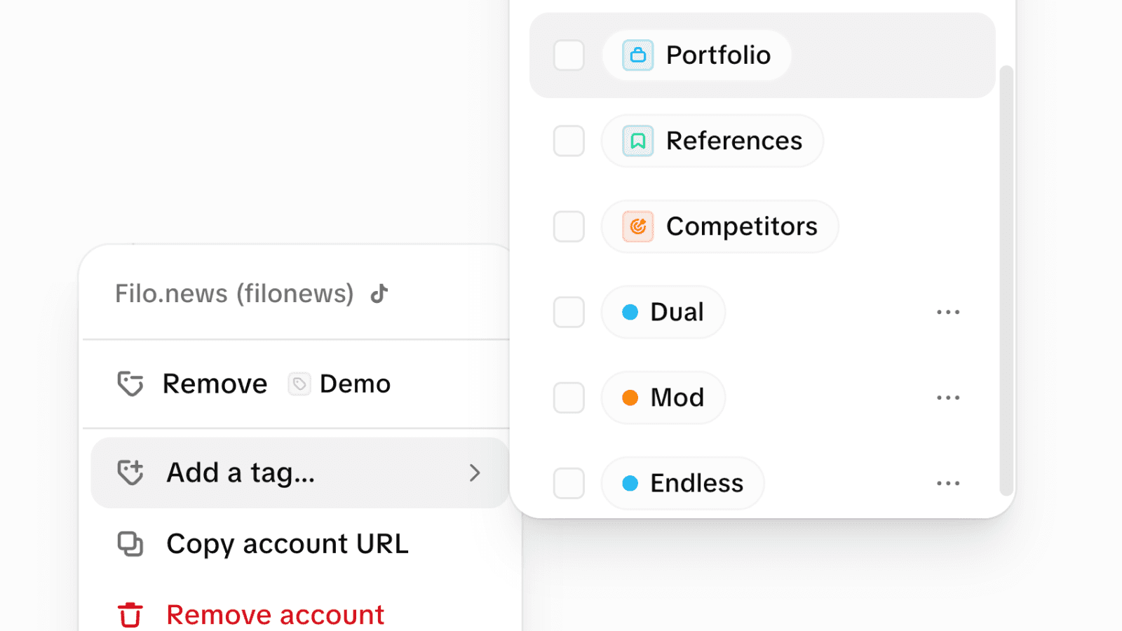 MOD's menu for tagging an account, with the tag panel open (Portfolio, References, Competitors, Dual, Mod, Endless) to group accounts by context.